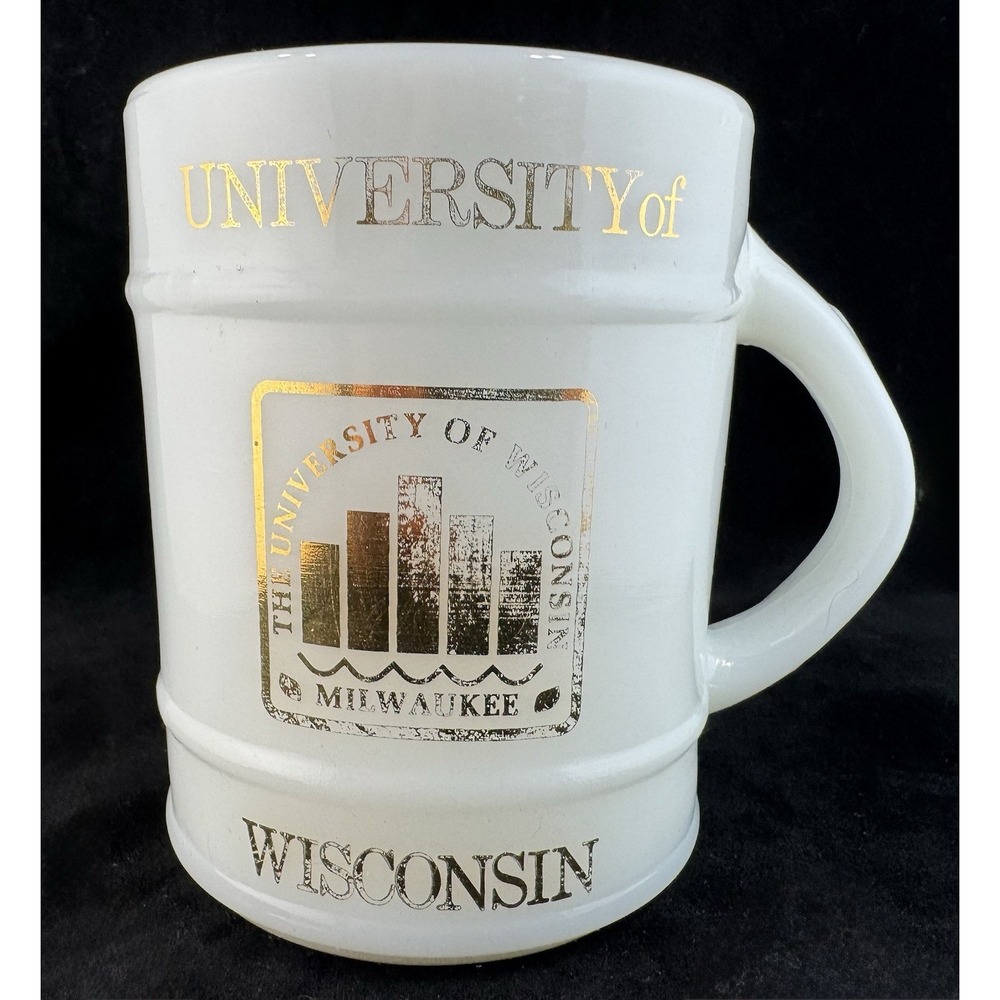Vintage Fire King Anchor Hocking UWM University Wisconsin Milwaukee Mug Gold